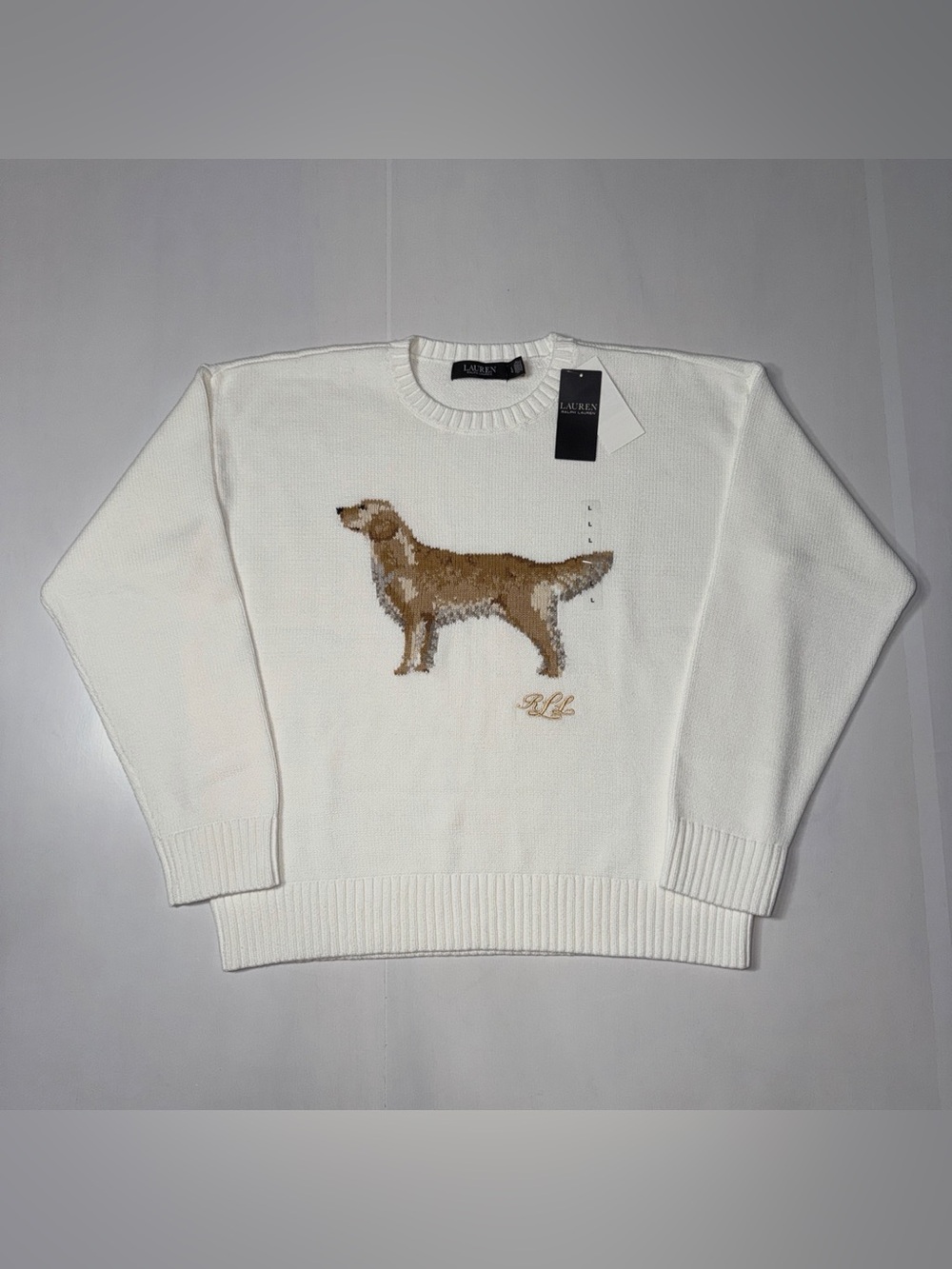 NWT Lauren Ralph Lauren Knit Cream Sweater with Dog Motif